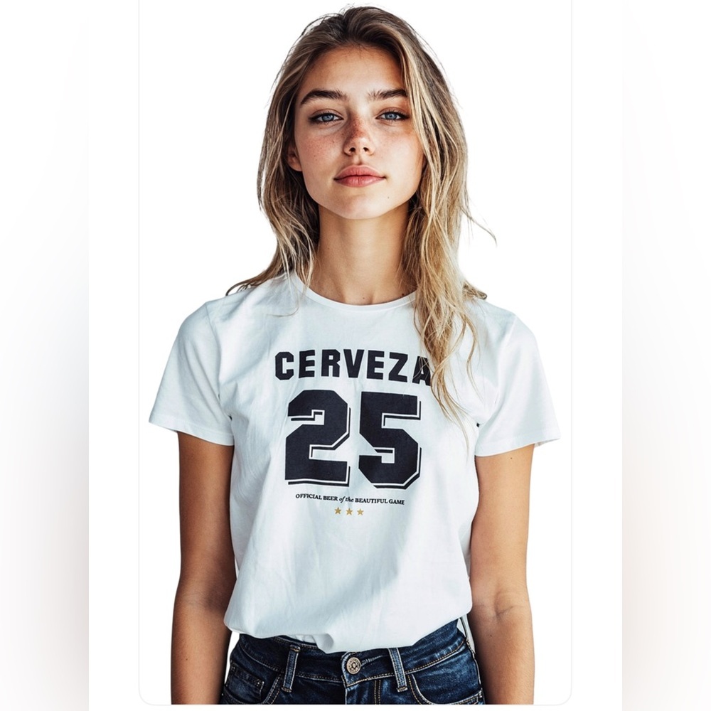 nwot-MODELO GIRL Baby Doll
 White Cerveza Graphic T-Shirt
Los Angeles style‎